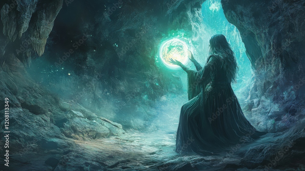 Fototapeta premium Woman In Cave Holding Glowing Orb Of Light