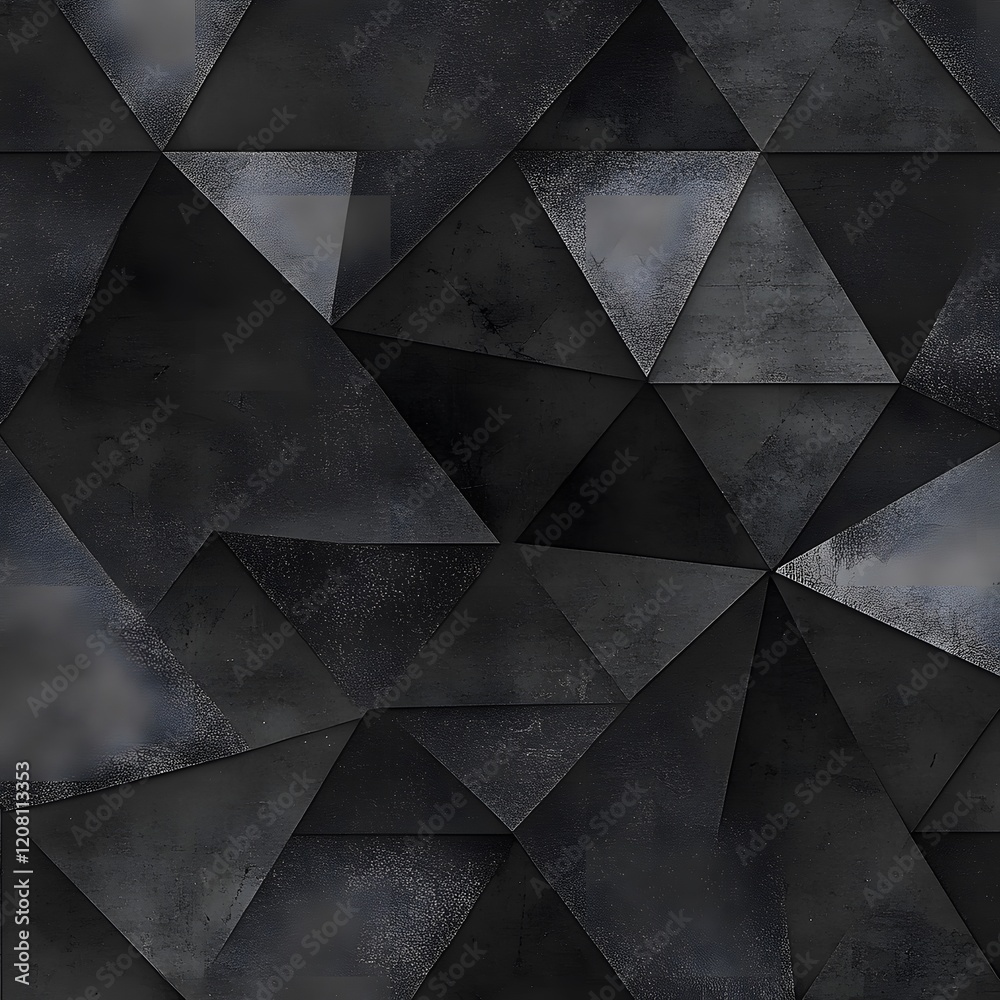 Fototapeta premium Abstract geometric pattern in shades of black with sharp triangular shapes and textured surfaces