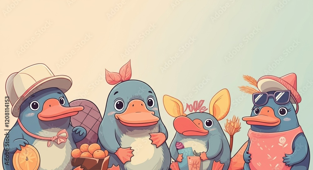 Obraz premium Four playful platypuses dressed in colorful summer outfits