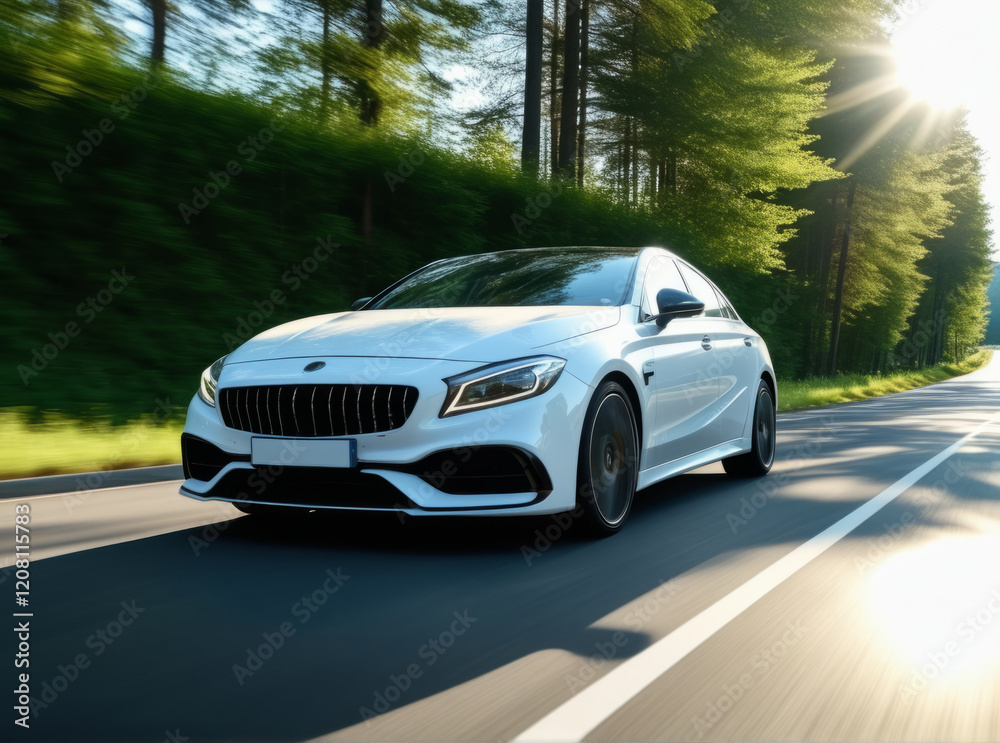 Luxury sedan driving along a scenic road with sunlit trees during golden hour Luxury sedan driving along a scenic road with sunlit trees during golden hour