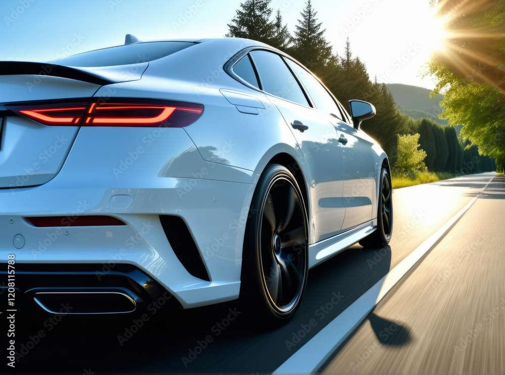 Luxury sedan driving on a scenic road during sunset surrounded by trees and mountains