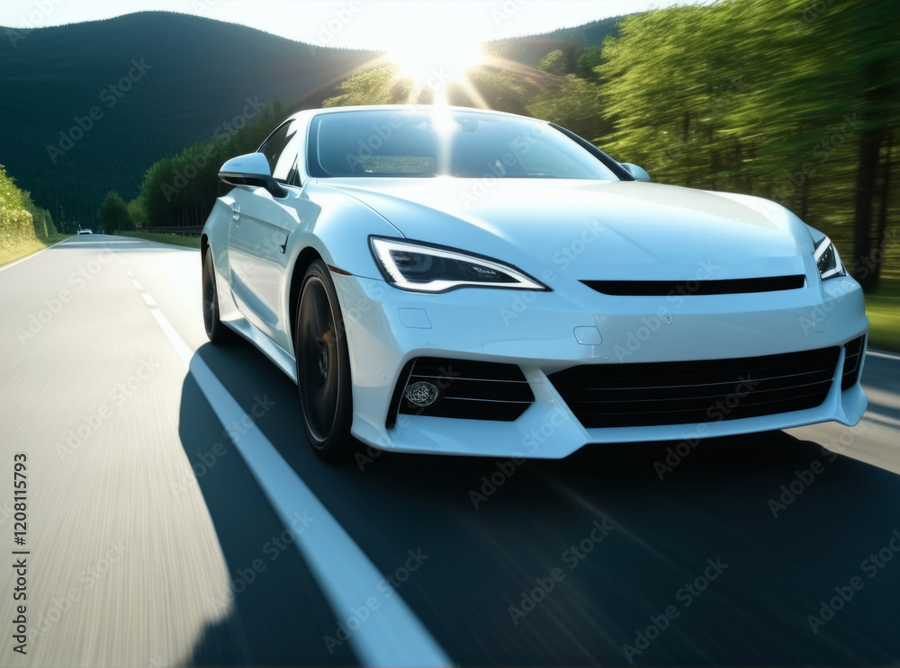 Sporty white car driving along a scenic road surrounded by green trees during golden hour