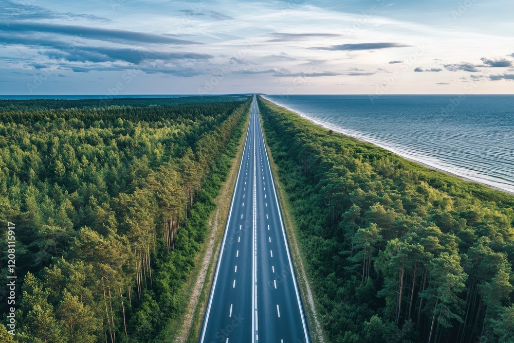Obraz premium The birds eye view straight from top on a highway, no cars, sea on the bottom of photo and forest on the top, beautiful baltic nature
