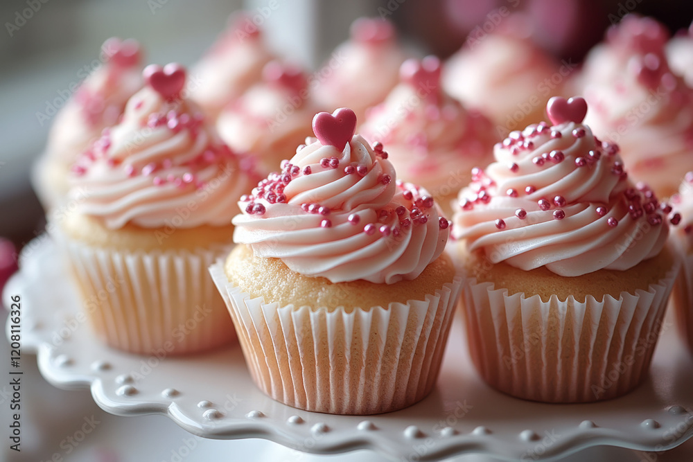 Close up of pink cupcakes with hearts. Valentine's Day celebration concept Close up of pink cupcakes with hearts. Valentine's Day celebration concept