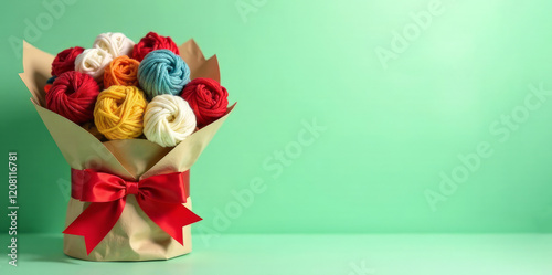 Gift bouquet of multi-colored balls of yarn in craft packaging and red ribbon bow on green background. Generated by AI.