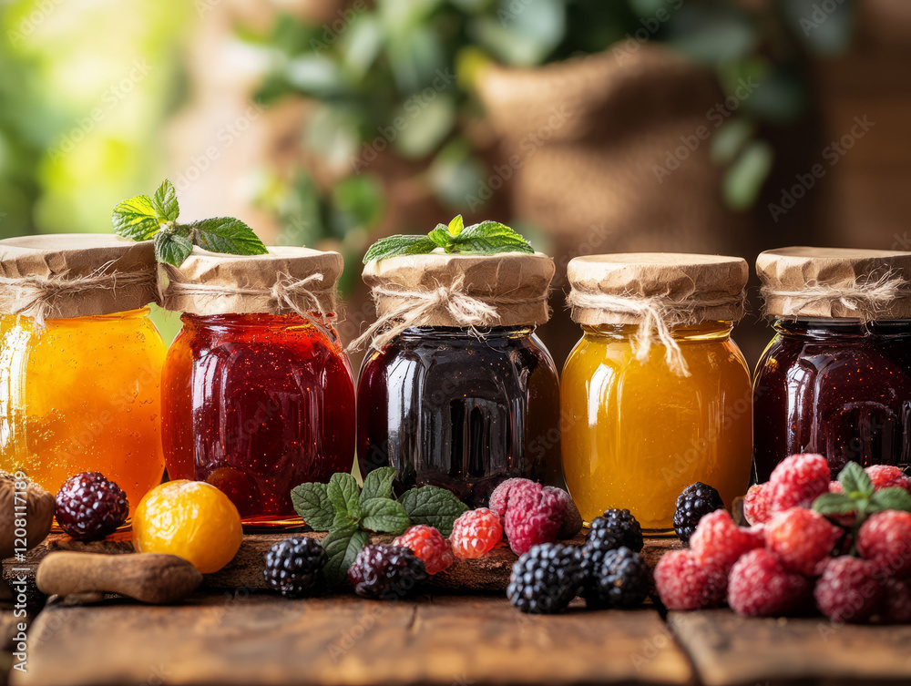 Variety of colorful jams in glass jars with fresh berries on a wooden table Variety of colorful jams in glass jars with fresh berries on a wooden table