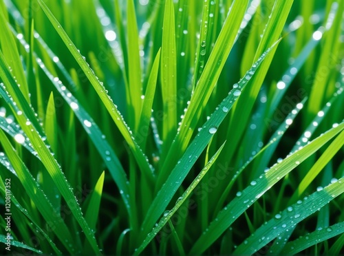 Freshly watered grass glistens under sunlight in a serene outdoor setting early in the morning photo