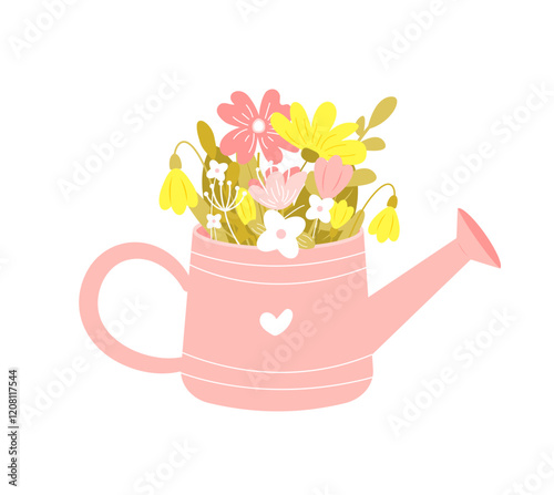 Cute watering can with flowers vector isolated on white background. Hand drawn flat cartoon style. Spring season and Happy Mother's day concept. Beautiful flower bouquet
