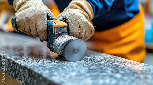 Worker polishes granite countertop with grinder in workshop