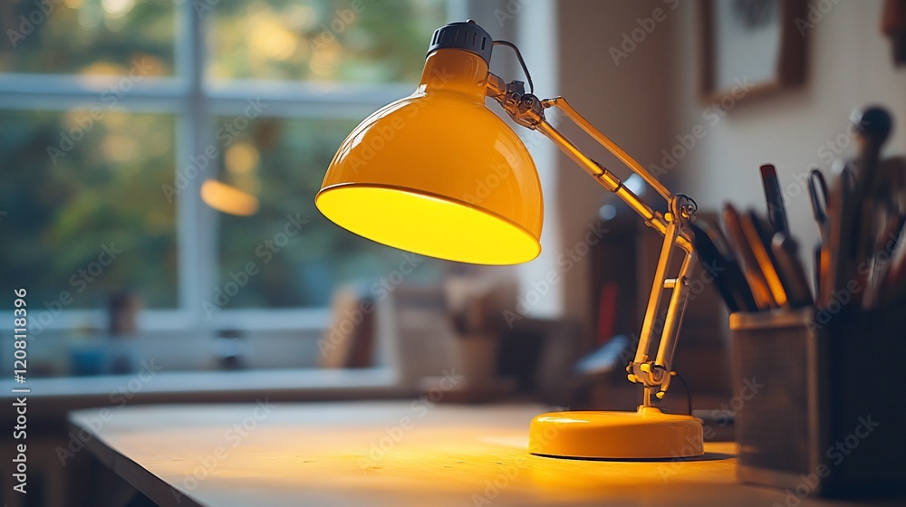 Yellow desk lamp illuminates home office workspace