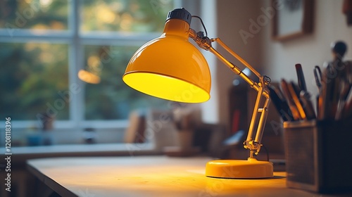 Obraz na płótnie Yellow desk lamp illuminates home office workspace w salonie