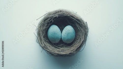 Two Blue Eggs Nestled in a Natural Bird Nest on a Soft Background