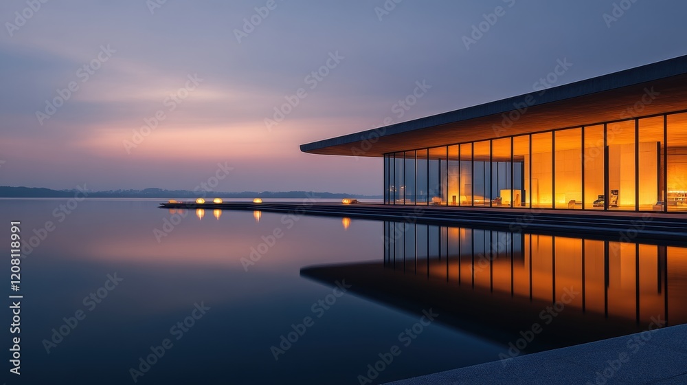 Modern Architectural Design of Lakefront House at Sunset Reflections Modern Architectural Design of Lakefront House at Sunset Reflections