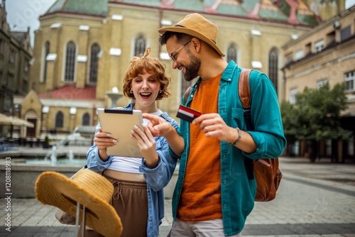 Happy couple on vacation ordering online with credit card on their tablet.