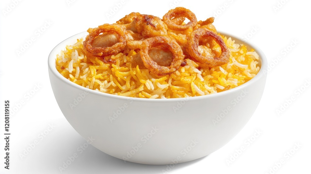 Bowl of biryani rice with saffron, chicken, and fried onions on a clean white backdrop