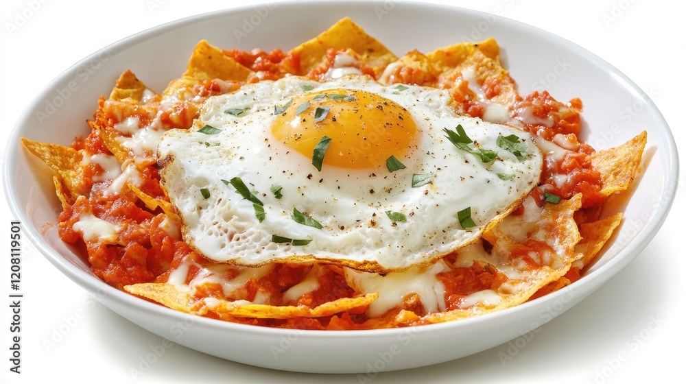 Bowl of chilaquiles topped with fried egg, sour cream, and cheese on a white plate Bowl of chilaquiles topped with fried egg, sour cream, and cheese on a white plate