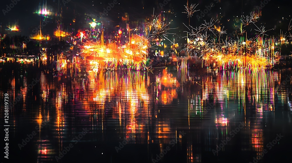 Naklejka premium A city at night with fireworks in the background