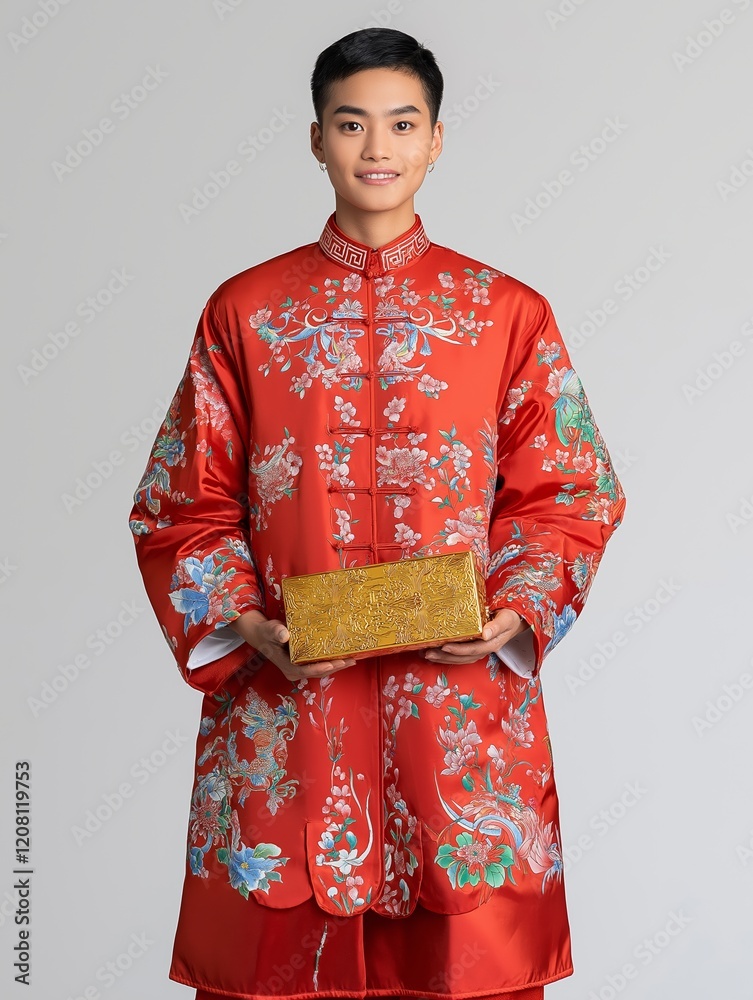 Smiling young man in traditional Chinese attire holding a gold gift box Smiling young man in traditional Chinese attire holding a gold gift box