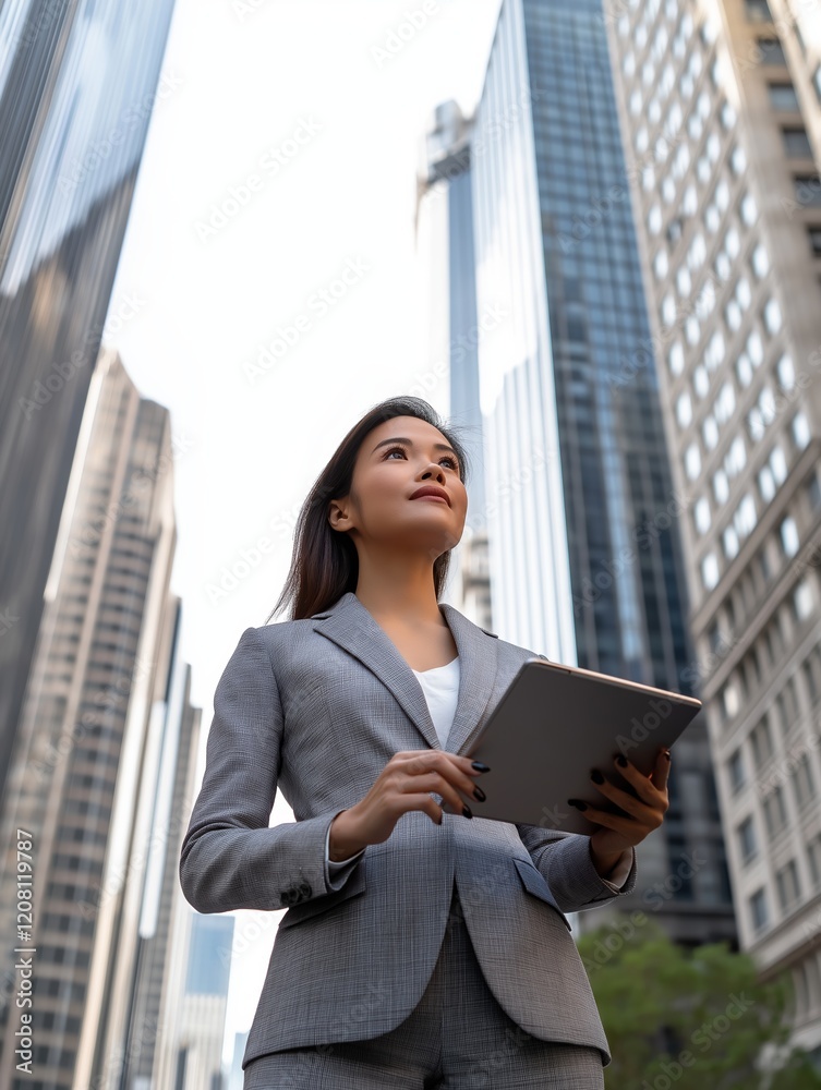 Confident Asian businesswoman holding tablet, modern city skyscrapers, professional setting