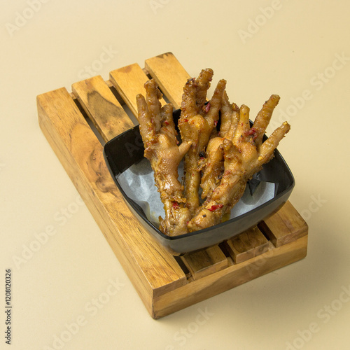 Spicy chicken feet are served on wooden tray in black square bowl