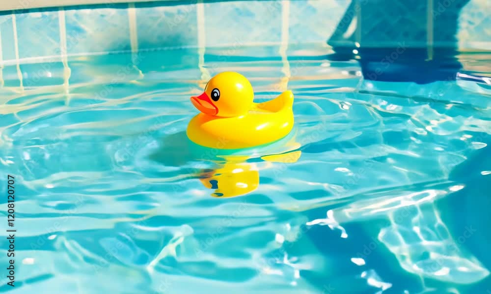 a tranquil summer day with a drifting rubber duck in a sparkling pool