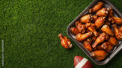 tray of chicken wings over football field grass background, superbowl concept