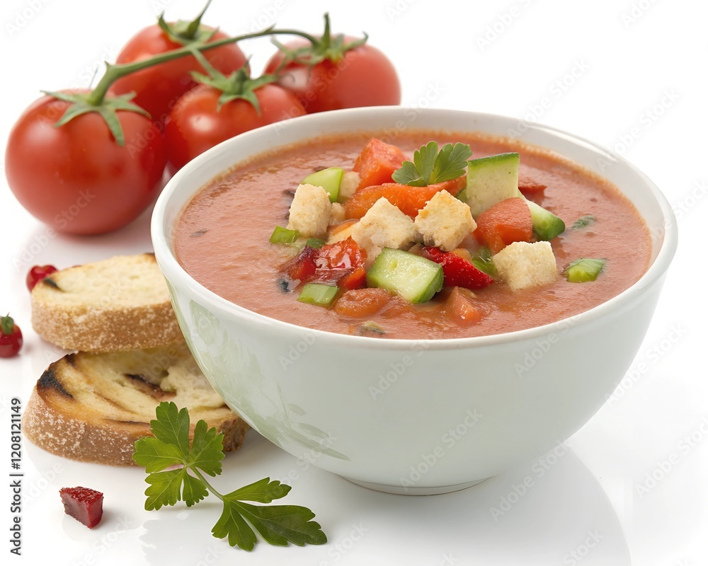 Gazpacho is a traditional dish and a symbol of Andalusian cuisine, a light cold soup of a reddish hue made from mashed fresh vegetables (tomatoes, peppers and cucumbers) with bread, isolated on a whi
Gazpacho is a traditional dish and a symbol of Andalusian cuisine, a light cold soup of a reddish hue made from mashed fresh vegetables (tomatoes, peppers and cucumbers) with bread, isolated on a whi