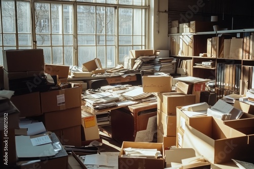 Cluttered Office Space with Cardboard Boxes photo