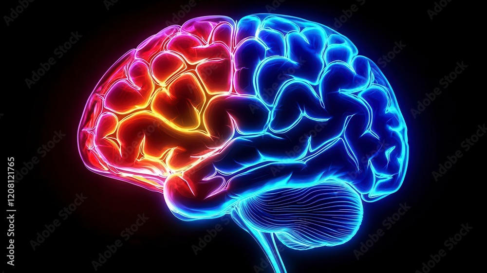Neon brain creative neural on black background. A vibrant, neon-colored depiction of a human brain, showcasing intricate structures with contrasting blue and orange hues. Neon brain creative neural on black background. A vibrant, neon-colored depiction of a human brain, showcasing intricate structures with contrasting blue and orange hues.