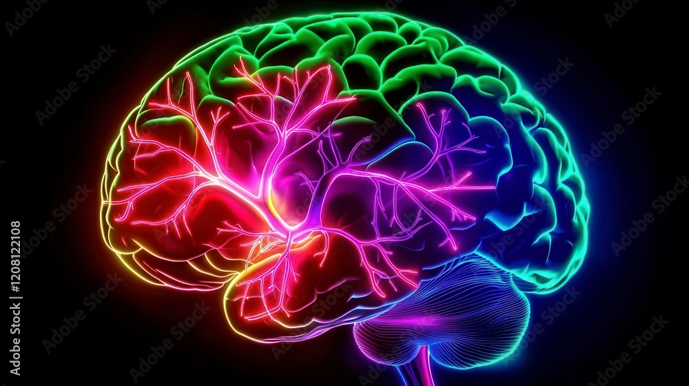 Neon brain creative neural on black background. A vibrant, neon depiction of a brain with colorful neural pathways, showcasing its intricate structure and electrical activity. Neon brain creative neural on black background. A vibrant, neon depiction of a brain with colorful neural pathways, showcasing its intricate structure and electrical activity.