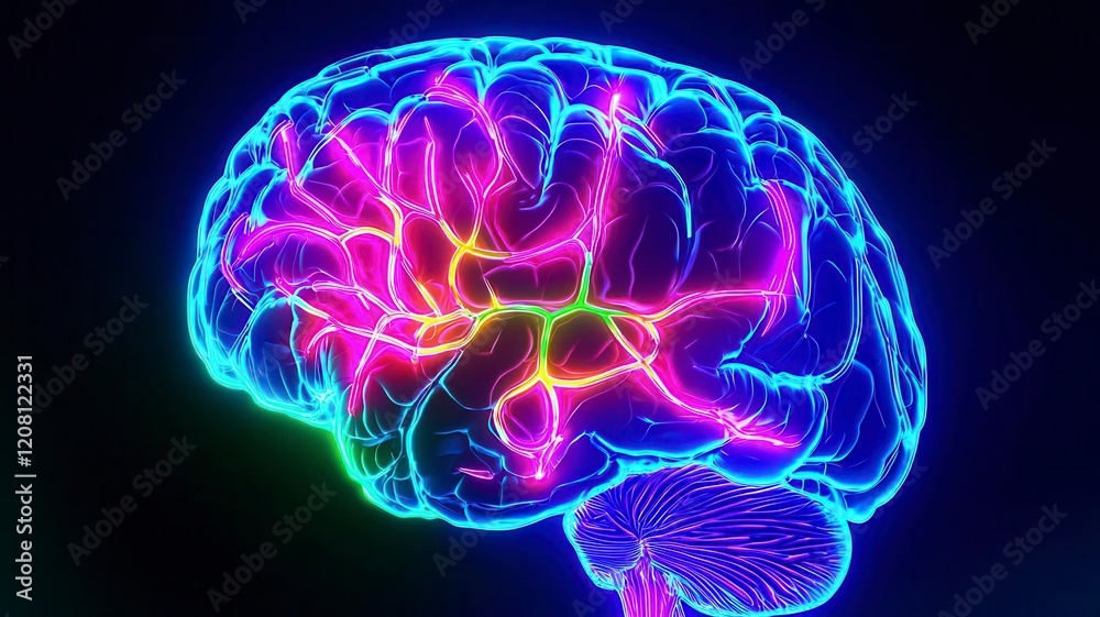 Neon brain creative neural on black background. A vibrant, neon-colored depiction of a human brain, showcasing intricate neural connections and pathways against a dark background. Neon brain creative neural on black background. A vibrant, neon-colored depiction of a human brain, showcasing intricate neural connections and pathways against a dark background.