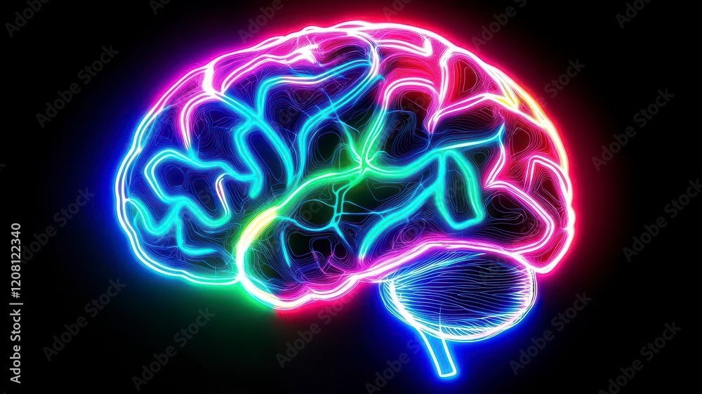 Neon brain creative neural on black background. A vibrant, neon-colored illustration of a brain, showcasing intricate details with glowing patterns against a dark background. Neon brain creative neural on black background. A vibrant, neon-colored illustration of a brain, showcasing intricate details with glowing patterns against a dark background.