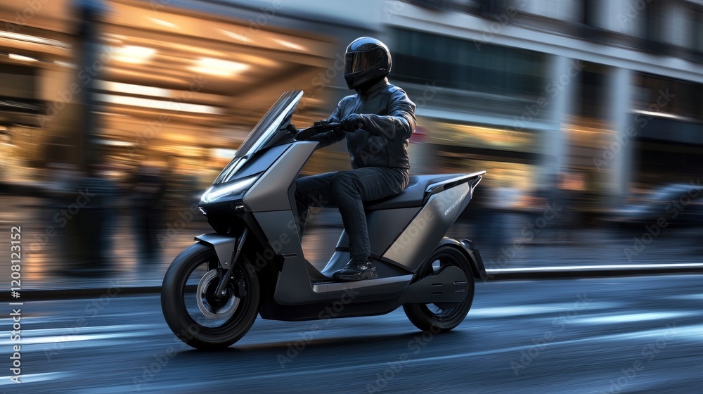 A commuter riding an electric scooter in a busy city street, sleek modern design, motion blur in the background A commuter riding an electric scooter in a busy city street, sleek modern design, motion blur in the background