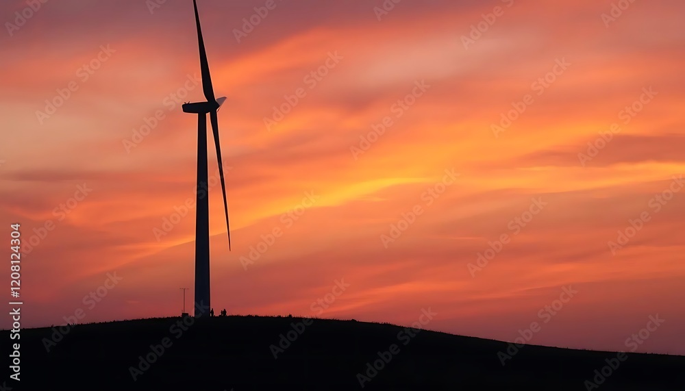 Obraz premium Wind Turbine Silhouette at Sunset Dramatic Sky Landscape