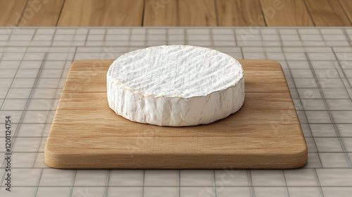 Whole Round Cheese Wheel on Cutting Board Isolated on Wood Surface photo