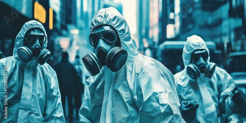 Hazmat team in protective suits responding to hazardous situation in urban environment, showcasing emergency preparedness and safety measures