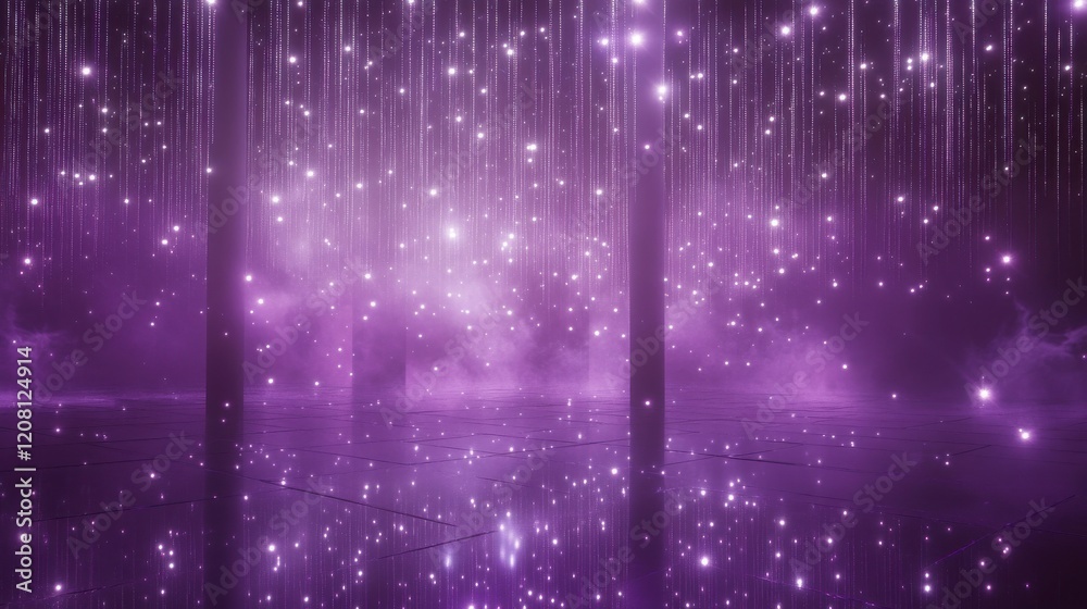 Purple illuminated room with reflections and sparkling ceiling lights Purple illuminated room with reflections and sparkling ceiling lights