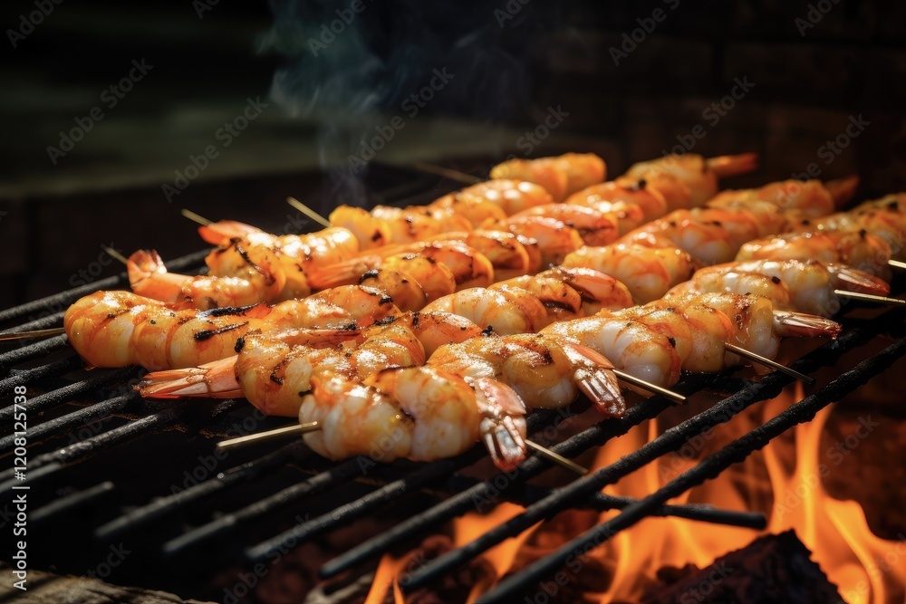 Grilled Shrimp Skewers: Delicious Seafood on Charcoal BBQ for Catering and Roasting Grilled Shrimp Skewers: Delicious Seafood on Charcoal BBQ for Catering and Roasting