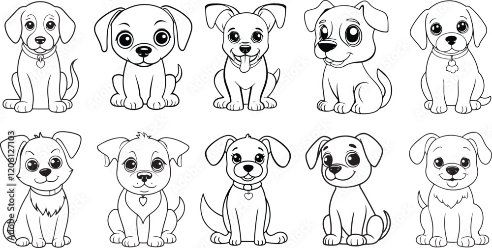 Obraz premium Bundle Line Art of Small Dog Pet Sitting Pose, Dog Black and White Illustration, Puppy Hand Drawn Clipart