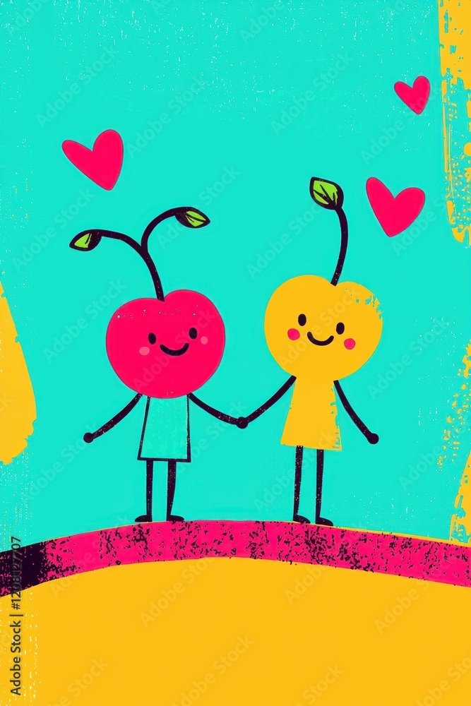 Obraz premium Cute Cartoon Cherry and Yellow Fruit Characters Holding Hands with Heart Background