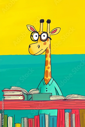 Funny cartoon giraffe character wearing glasses reading a book in a colorful library setting with bright yellow and blue backdrop