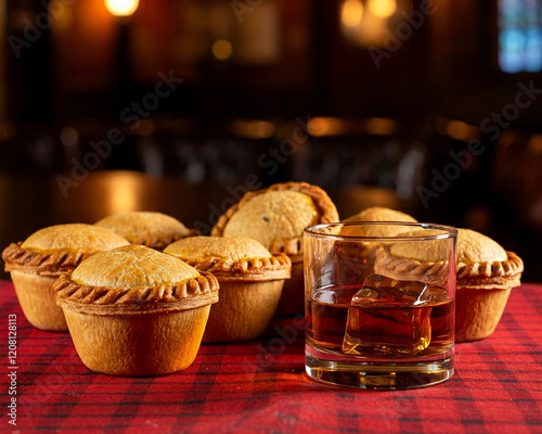 Several freshly baked Scotch Pies rest on a red checkered tablecloth in a cozy Scottish pub setting, a glass of dark amber scotch whisky with a large ice cube sits in the foreground. photo