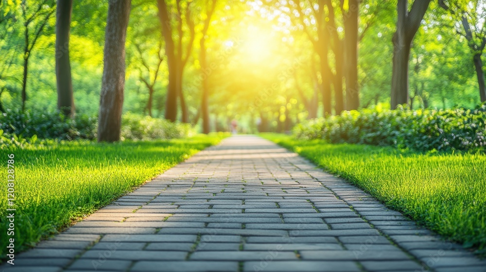 Serene Pathway Through Lush Green Park with Soft Morning Light