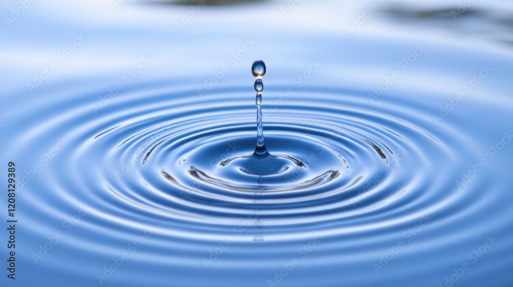Water Droplet Creating Ripples in Calm Blue Surface Water Water Droplet Creating Ripples in Calm Blue Surface Water