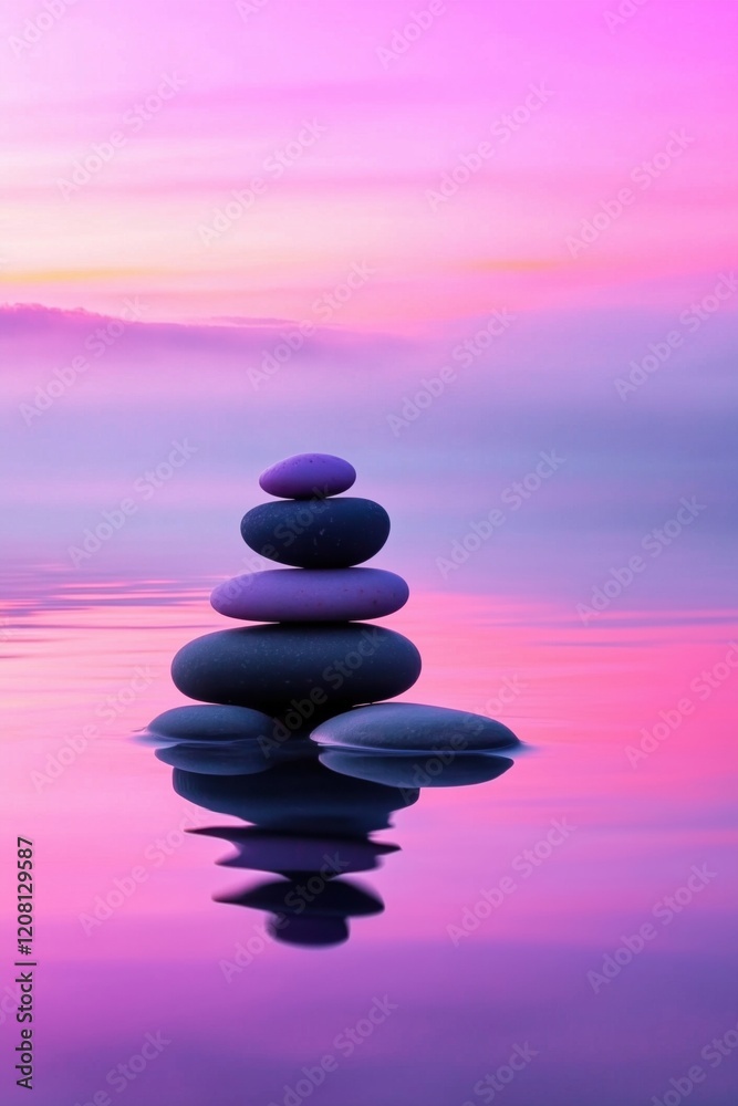 Serene Stacked Stones Reflection in Calm Water at Sunset with Pink and Purple Sky Serene Stacked Stones Reflection in Calm Water at Sunset with Pink and Purple Sky
