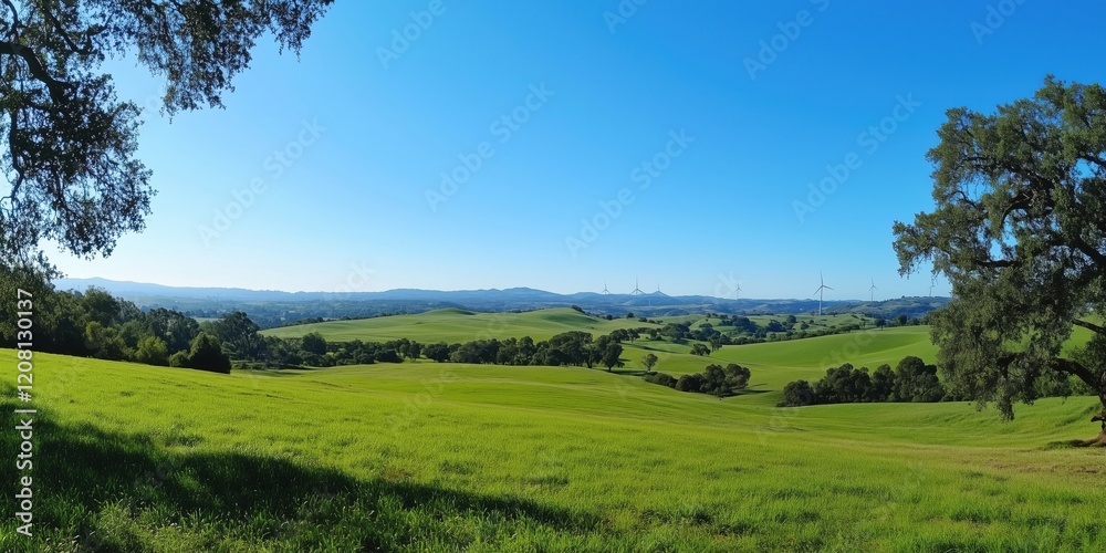 Lush Green Rolling Hills Under Clear Blue Sky with Wind Turbines in Distance Lush Green Rolling Hills Under Clear Blue Sky with Wind Turbines in Distance