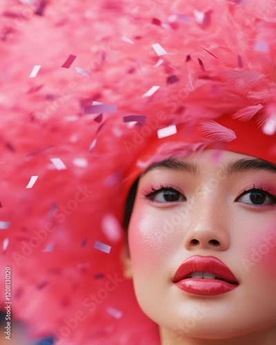 Vibrant Carnival Portrait Bold Pink and Blue Feathered Headdress with Confetti - Dynamic Cultural Visuals and Event Marketing for Fashion Festivals photo