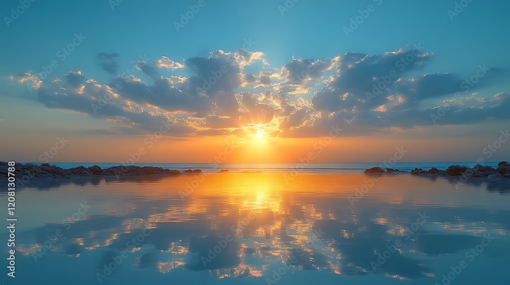 Naklejka premium Serene Sunset Over Calm Ocean Water With Clouds