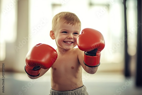 little boy wearing boxing gloves smiling as he practices his punches in brightly lit gym photo