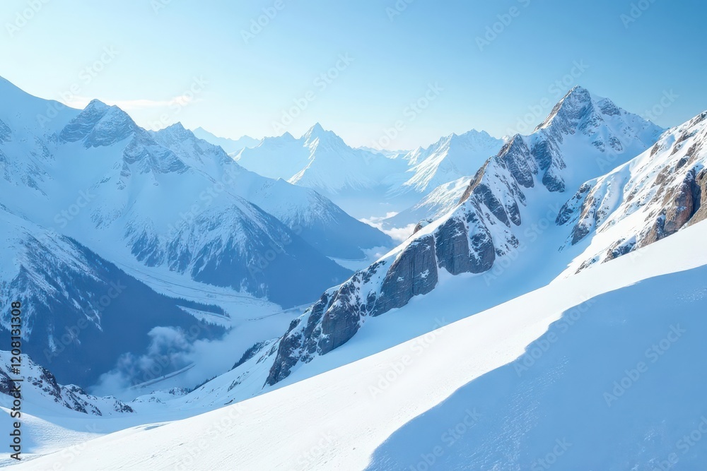 Mountain slope blanketed with fresh powder white and icy blue hue, icy, cold Mountain slope blanketed with fresh powder white and icy blue hue, icy, cold